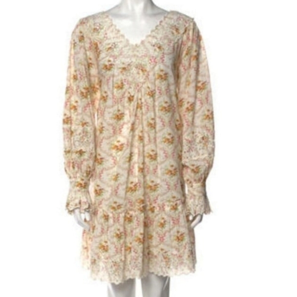 Ivory Floral Cotton V Neck Eyelet Trim Mini Dress in Wallpaper - Picture 3 of 12